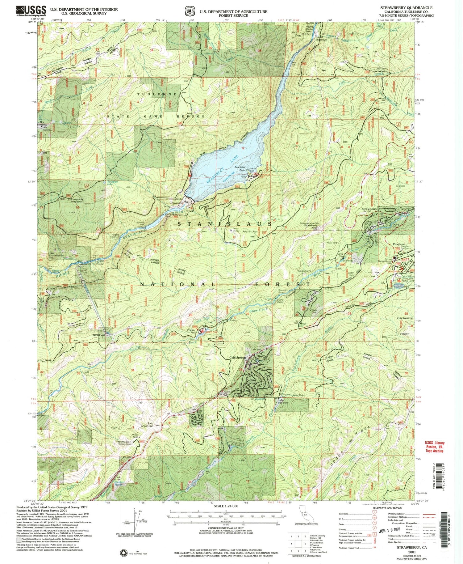 Classic USGS Strawberry California 7.5'x7.5' Topo Map Image