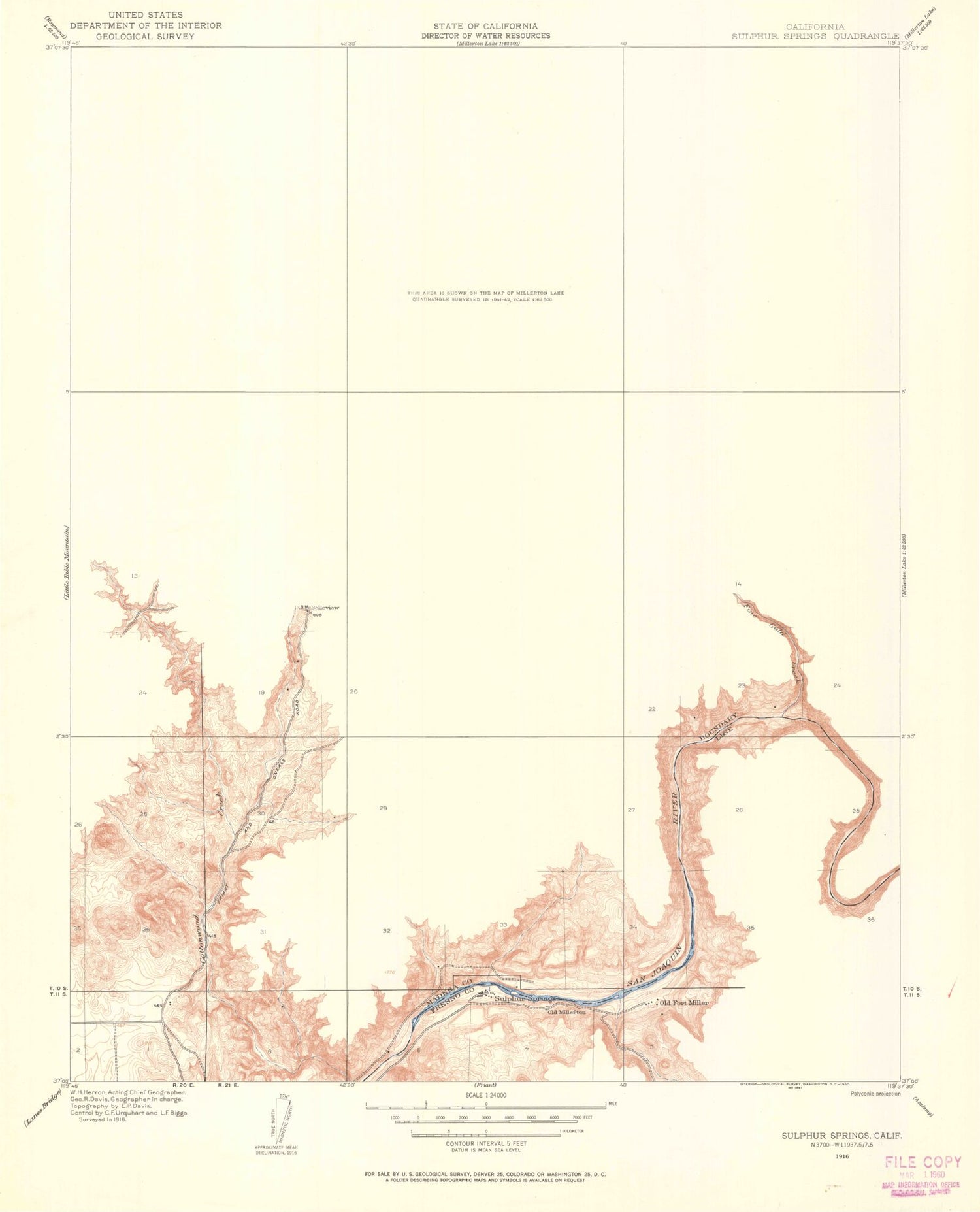 Classic USGS Millerton Lake West California 7.5'x7.5' Topo Map Image