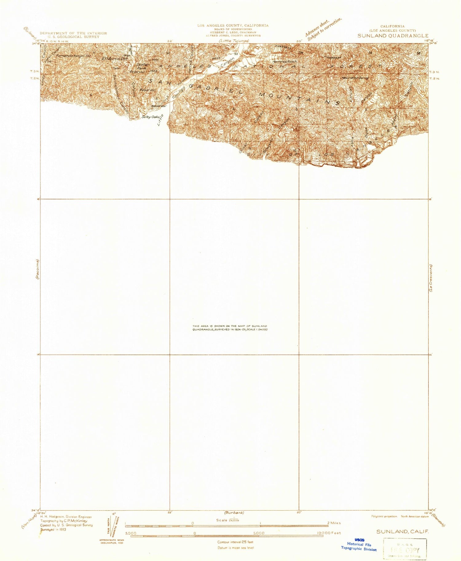 Classic USGS Sunland California 7.5'x7.5' Topo Map Image