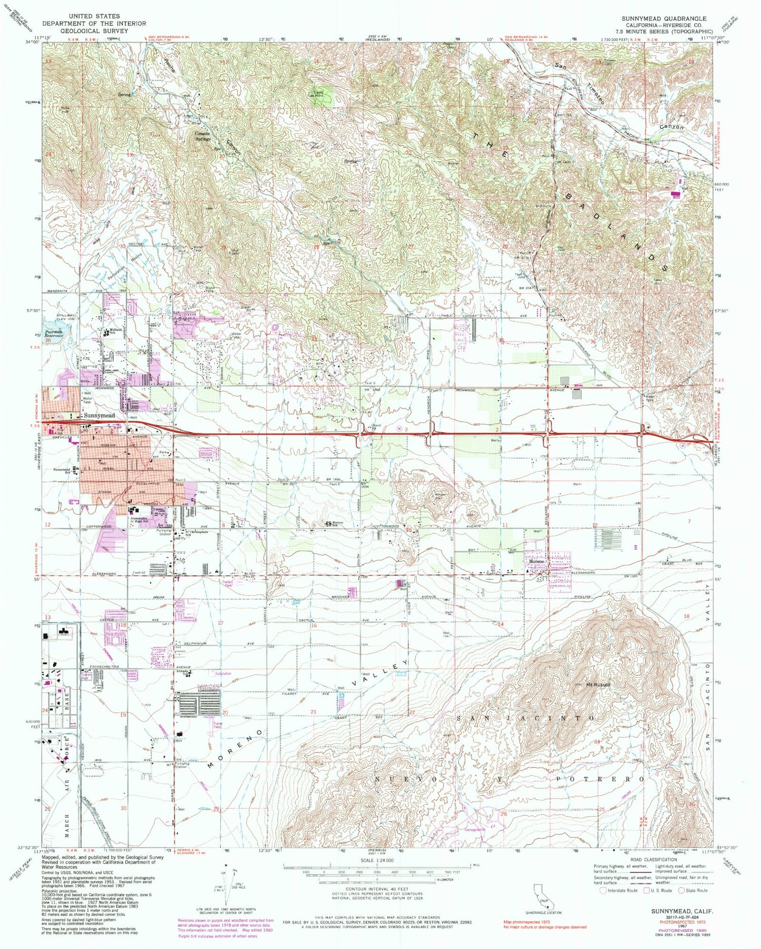 Classic USGS Sunnymead California 7.5'x7.5' Topo Map Image