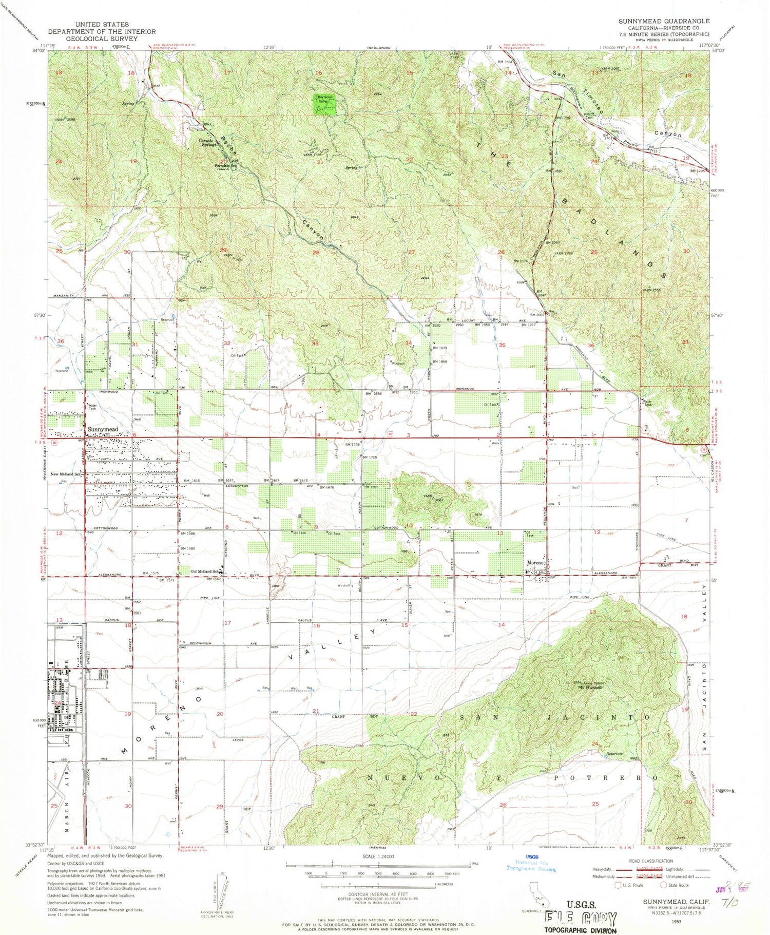 Classic USGS Sunnymead California 7.5'x7.5' Topo Map Image