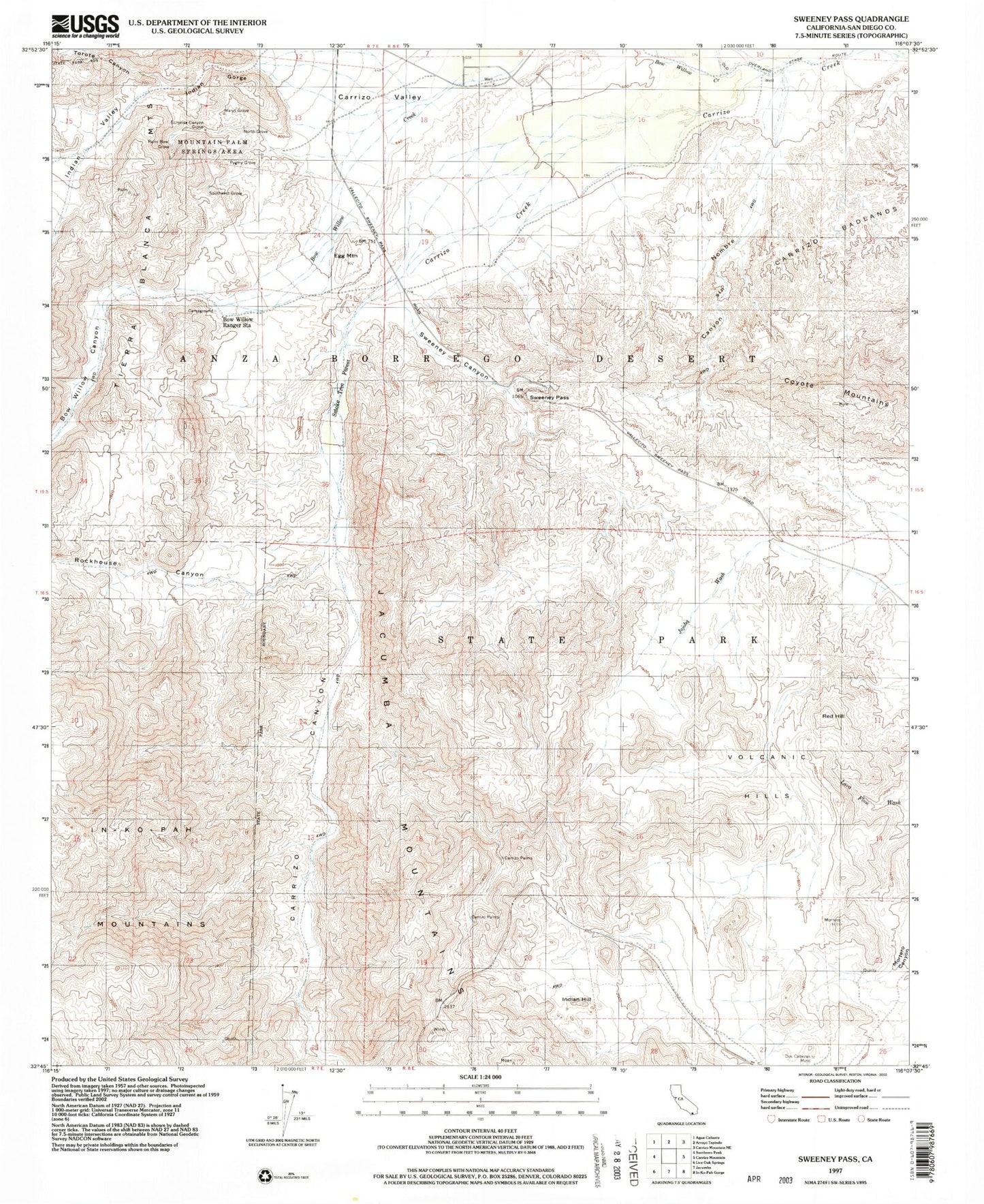 Classic USGS Sweeney Pass California 7.5'x7.5' Topo Map Image
