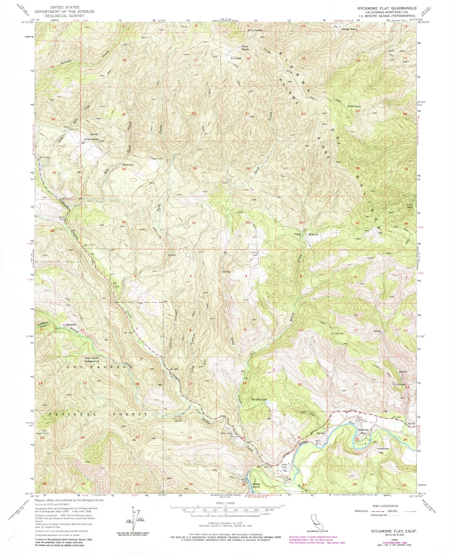 Classic USGS Sycamore Flat California 7.5'x7.5' Topo Map Image