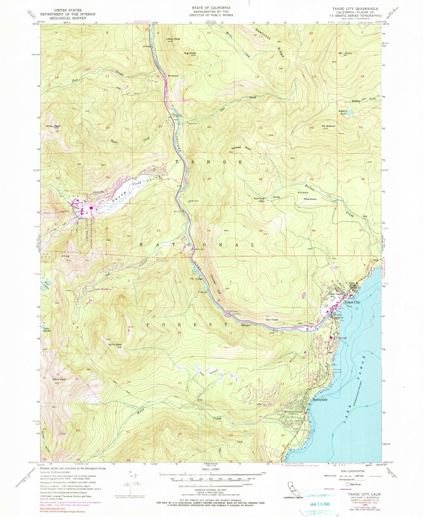 Classic USGS Tahoe City California 7.5'x7.5' Topo Map Image