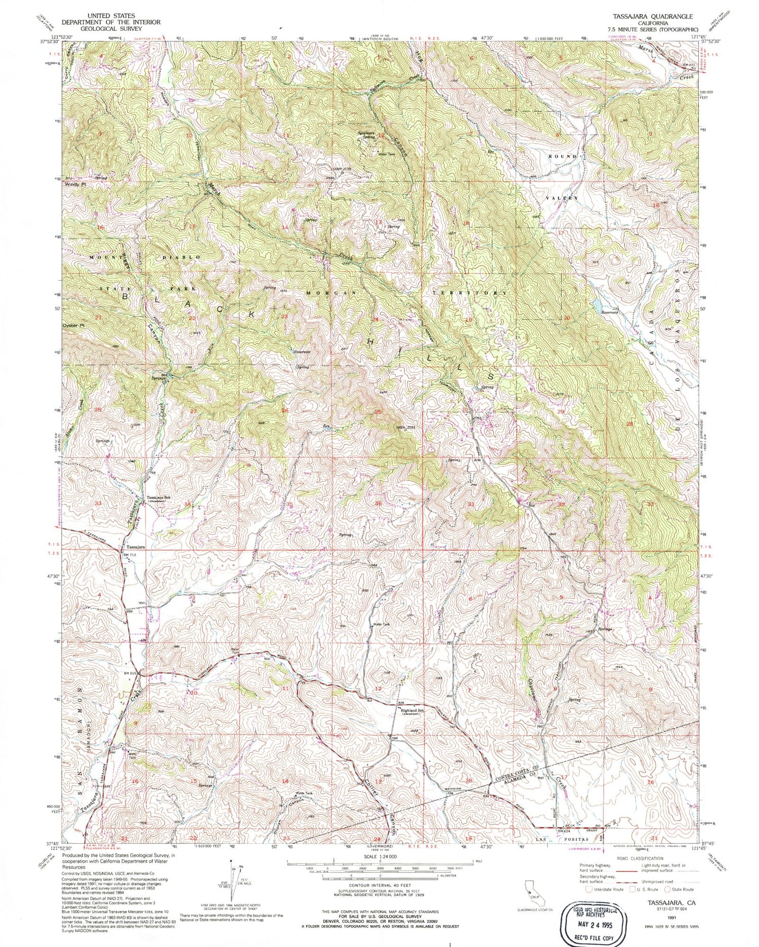 Classic USGS Tassajara California 7.5'x7.5' Topo Map Image