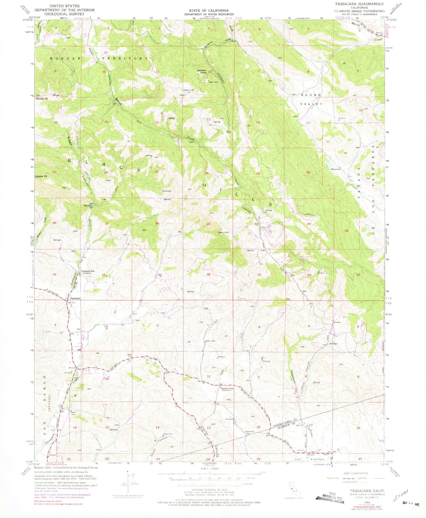 Classic USGS Tassajara California 7.5'x7.5' Topo Map Image