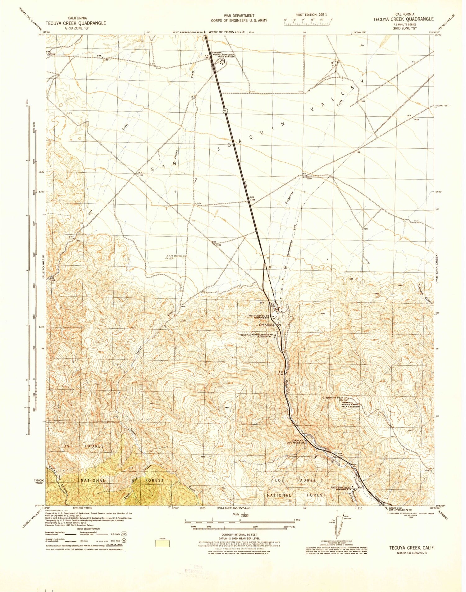 Classic USGS Grapevine California 7.5'x7.5' Topo Map Image
