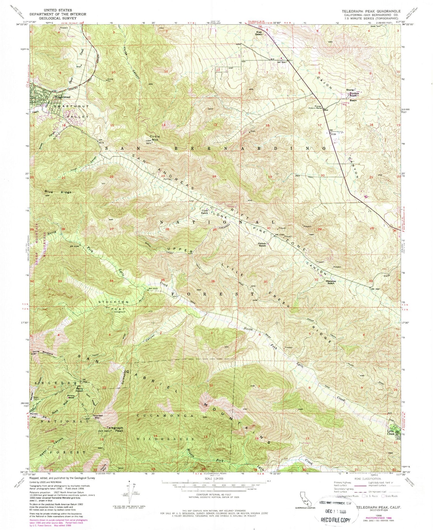 USGS Classic Telegraph Peak California 7.5'x7.5' Topo Map Image