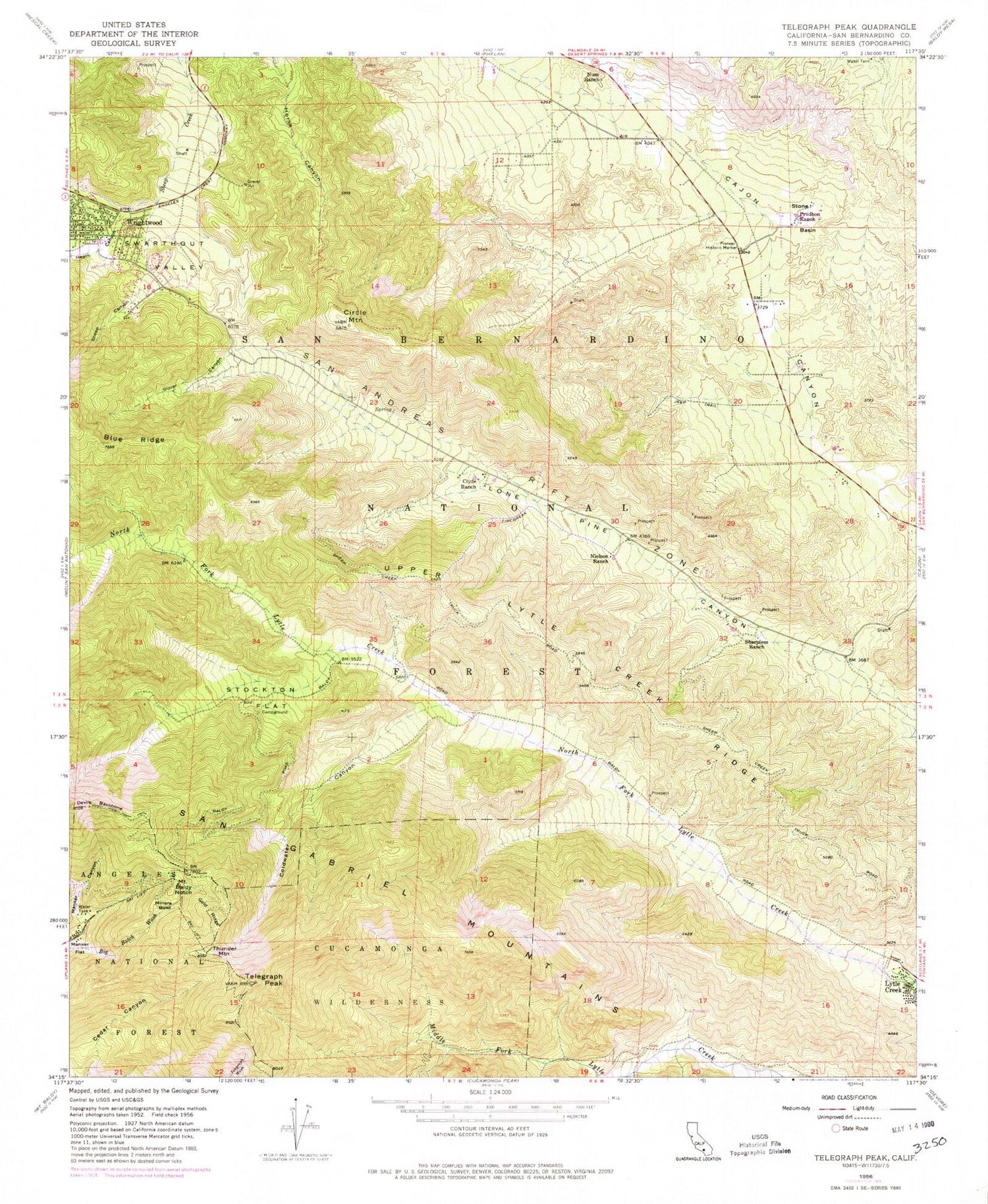 USGS Classic Telegraph Peak California 7.5'x7.5' Topo Map Image