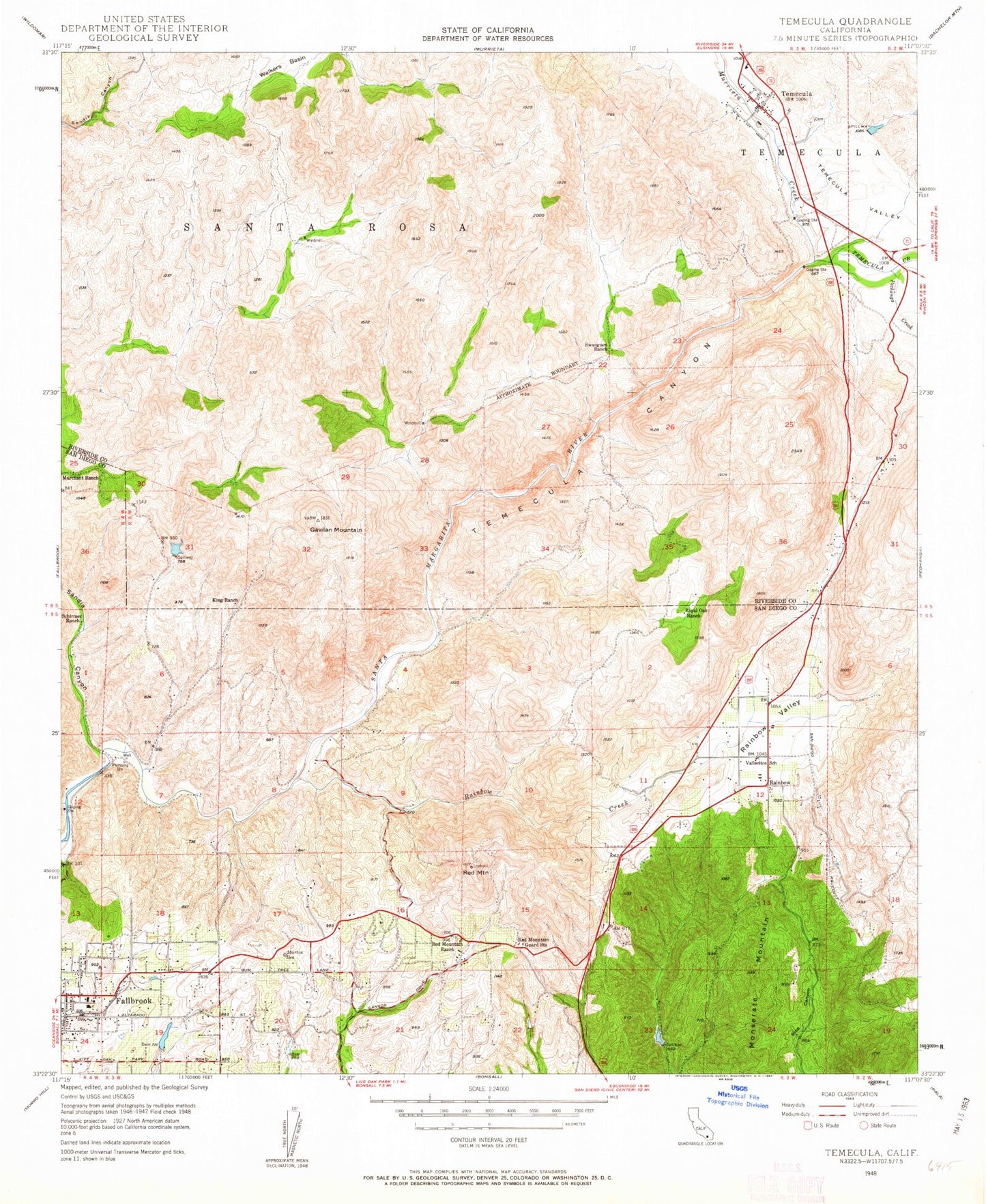 Classic USGS Temecula California 7.5'x7.5' Topo Map Image