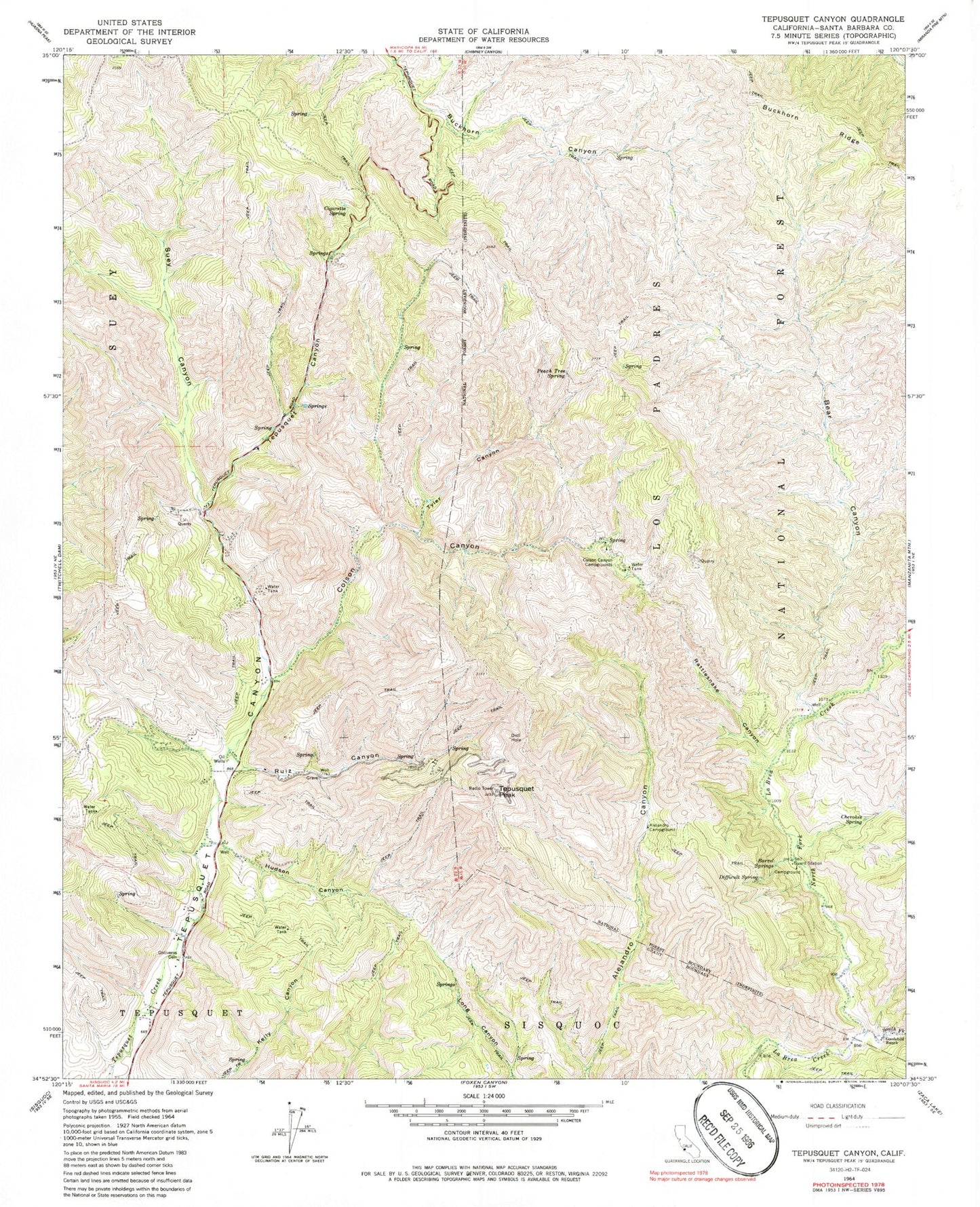 Classic USGS Tepusquet Canyon California 7.5'x7.5' Topo Map Image
