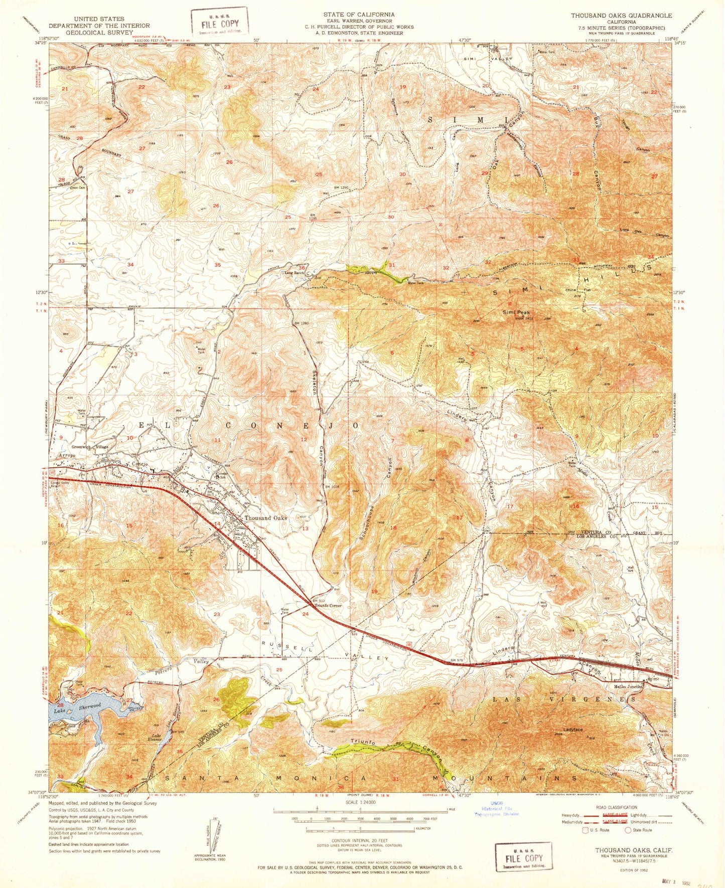 Classic USGS Thousand Oaks California 7.5'x7.5' Topo Map Image