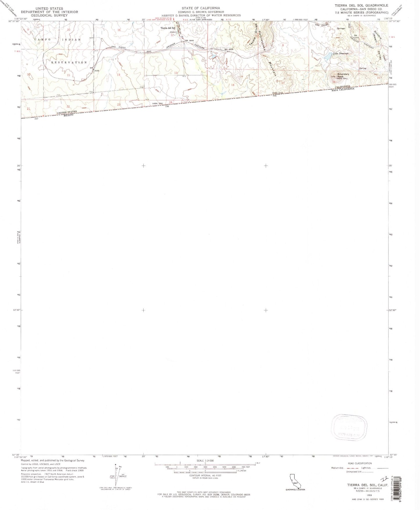 Classic USGS Tierra del Sol California 7.5'x7.5' Topo Map Image
