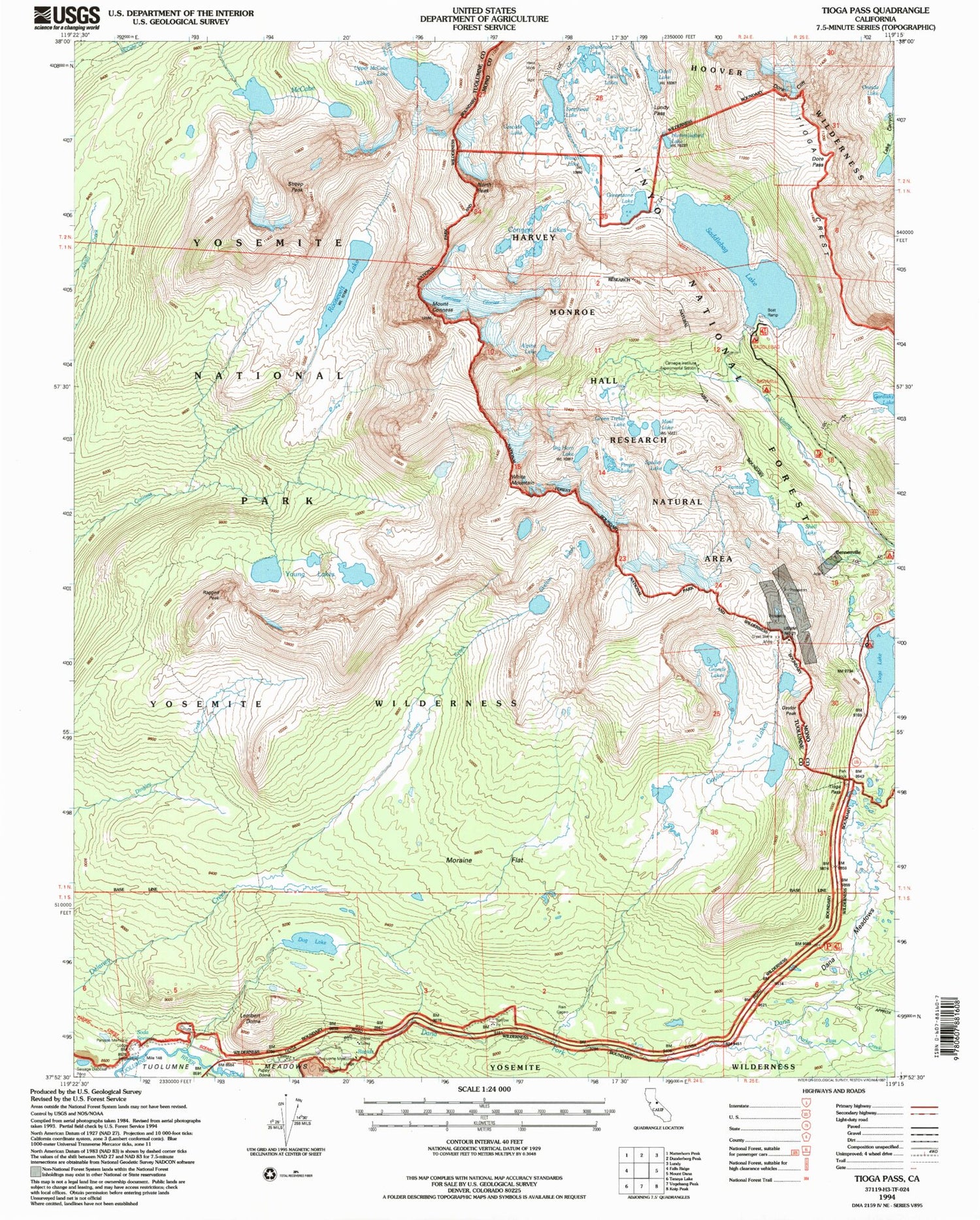 USGS Classic Tioga Pass California 7.5'x7.5' Topo Map Image