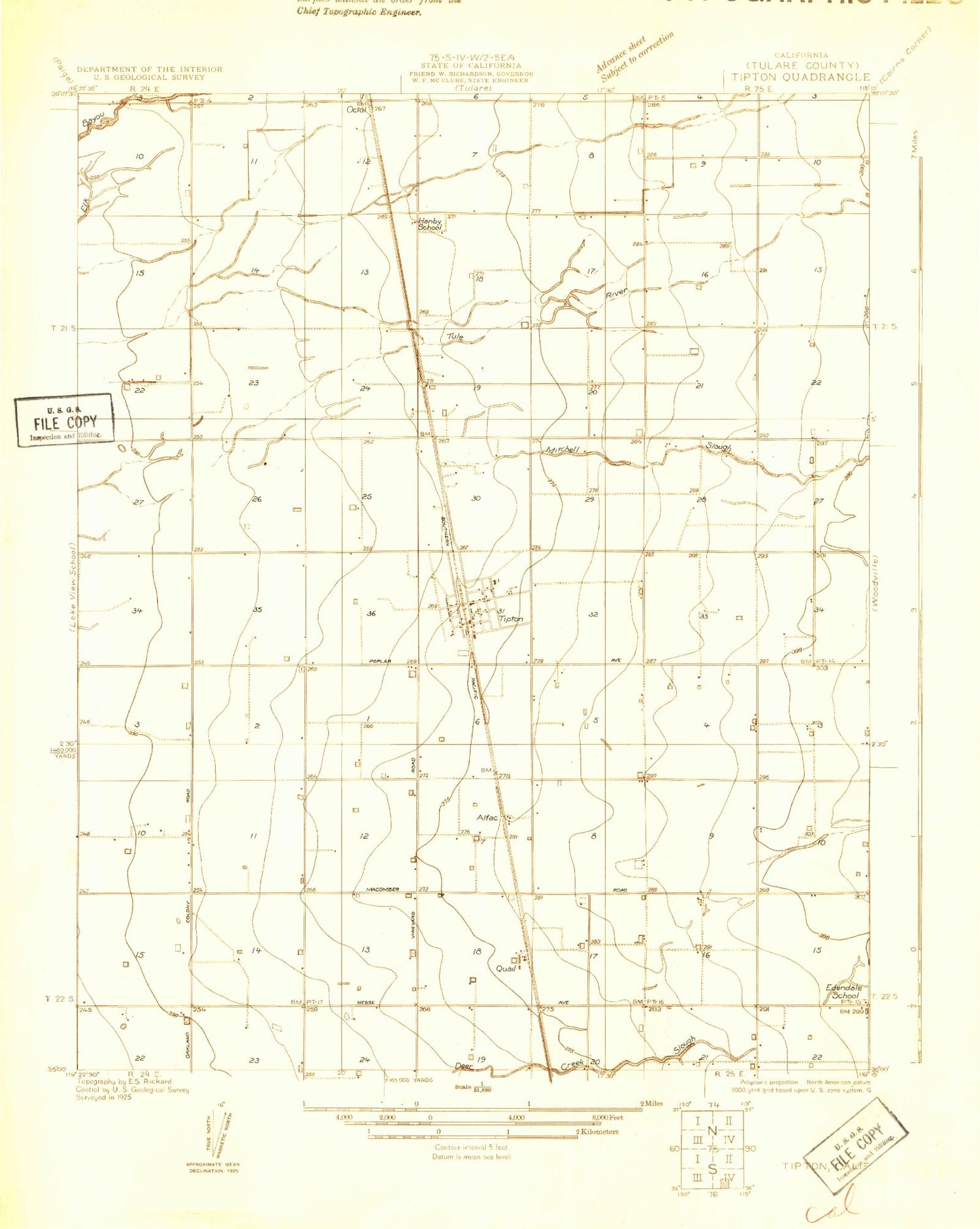 Classic USGS Tipton California 7.5'x7.5' Topo Map Image