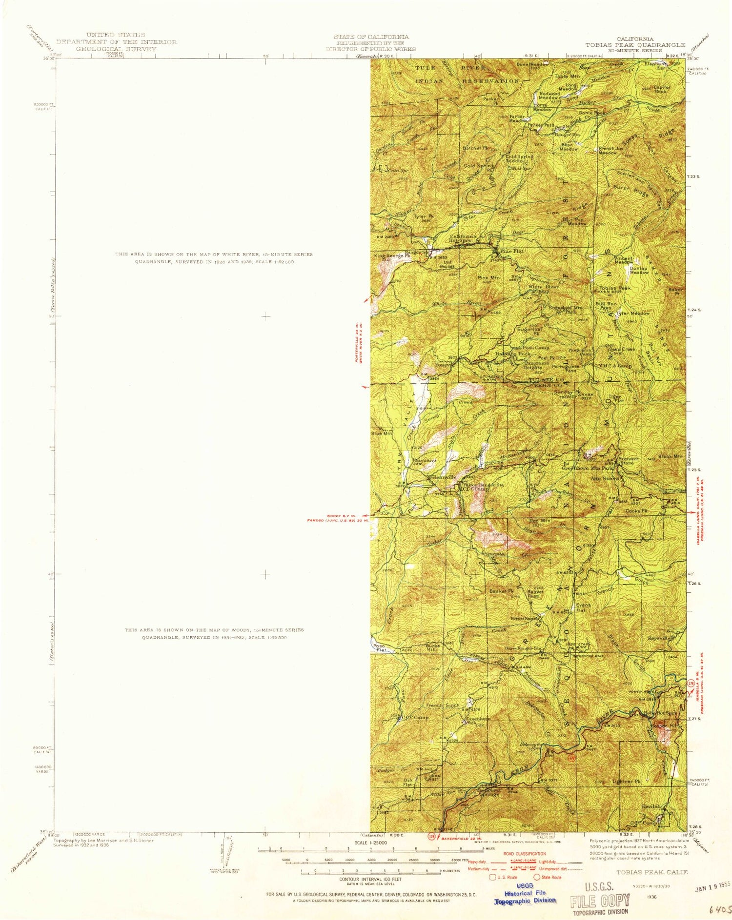 Historic 1936 Tobias Peak California 30'x30' Topo Map Image
