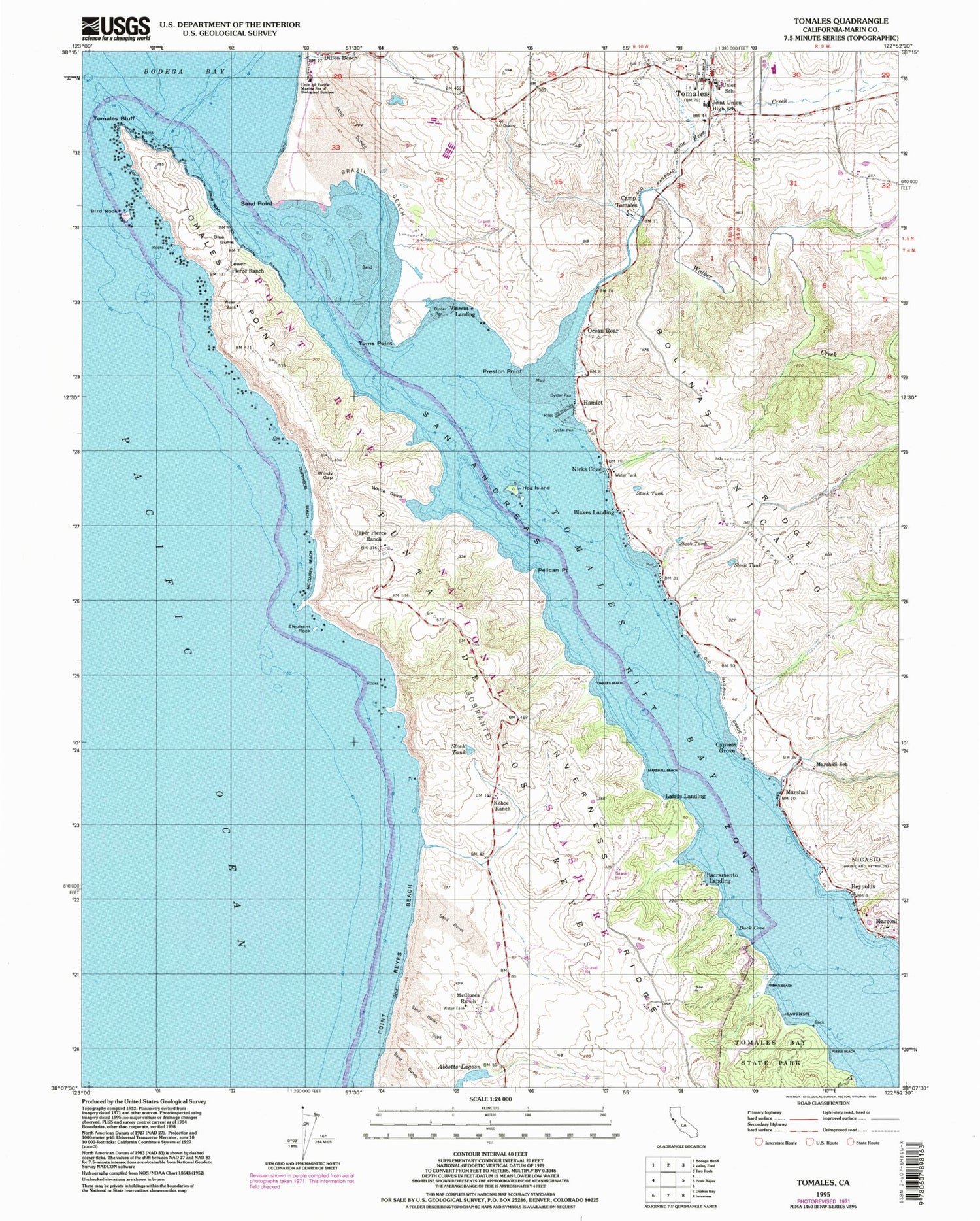 Classic USGS Tomales California 7.5'x7.5' Topo Map Image