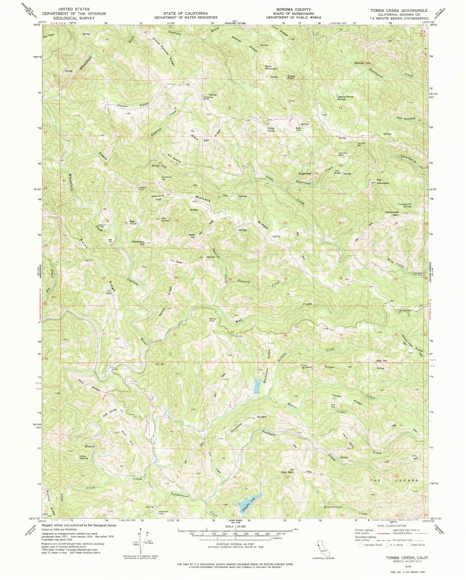 Classic USGS Tombs Creek California 7.5'x7.5' Topo Map Image