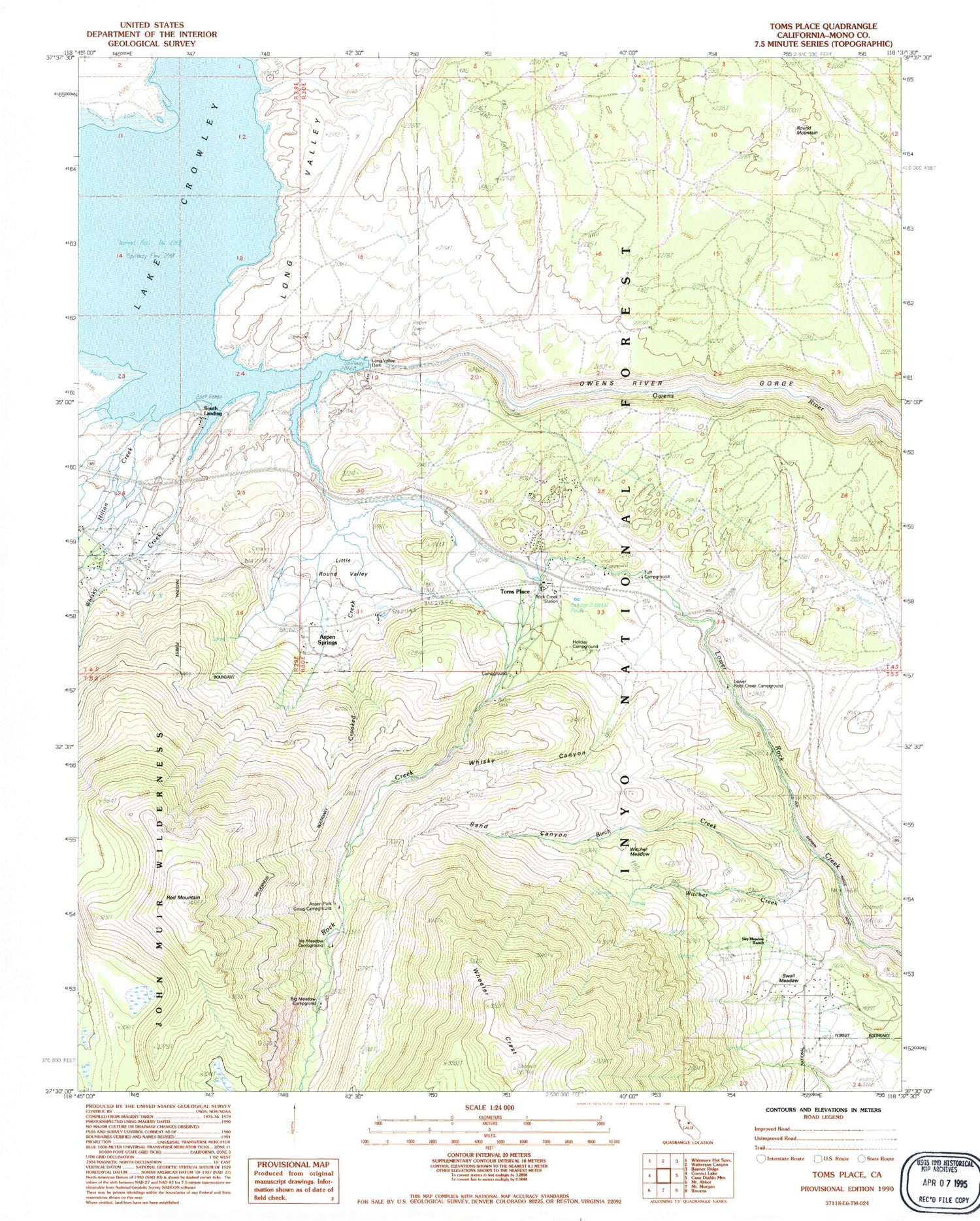 Classic USGS Toms Place California 7.5'x7.5' Topo Map Image