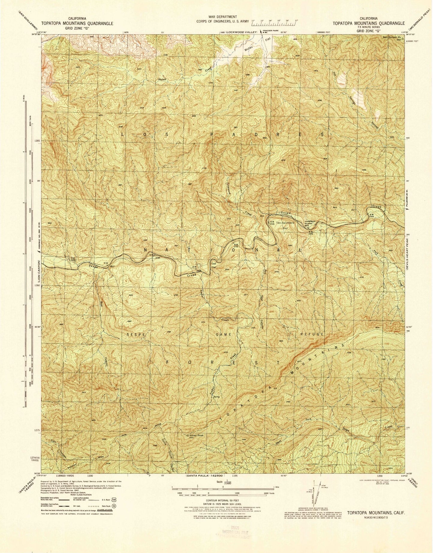 Classic USGS Topatopa Mountains California 7.5'x7.5' Topo Map Image