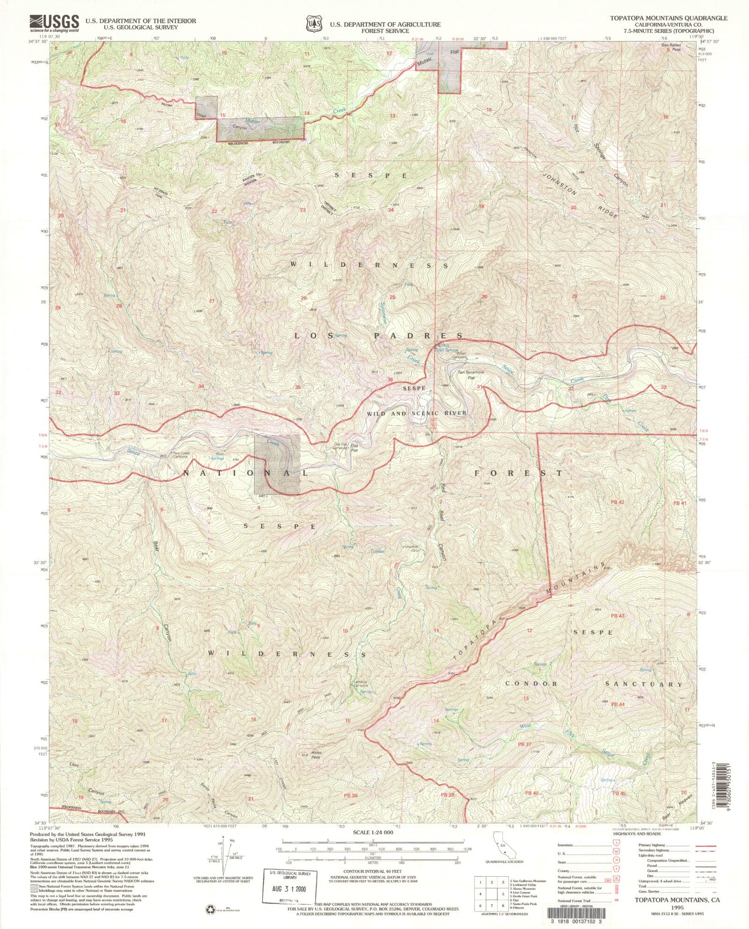 Classic USGS Topatopa Mountains California 7.5'x7.5' Topo Map Image