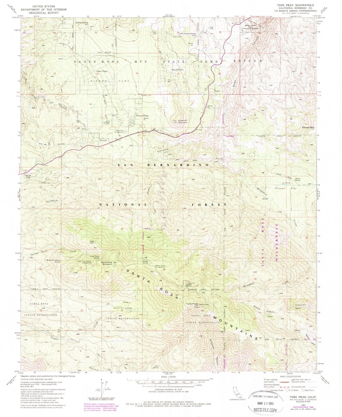 Classic USGS Toro Peak California 7.5'x7.5' Topo Map Image