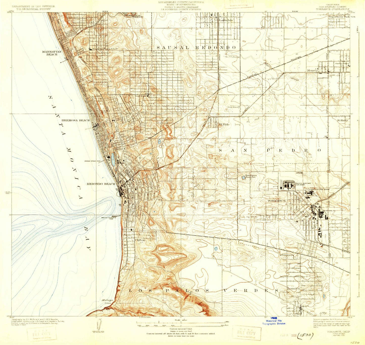 Classic USGS Torrance California 7.5'x7.5' Topo Map Image