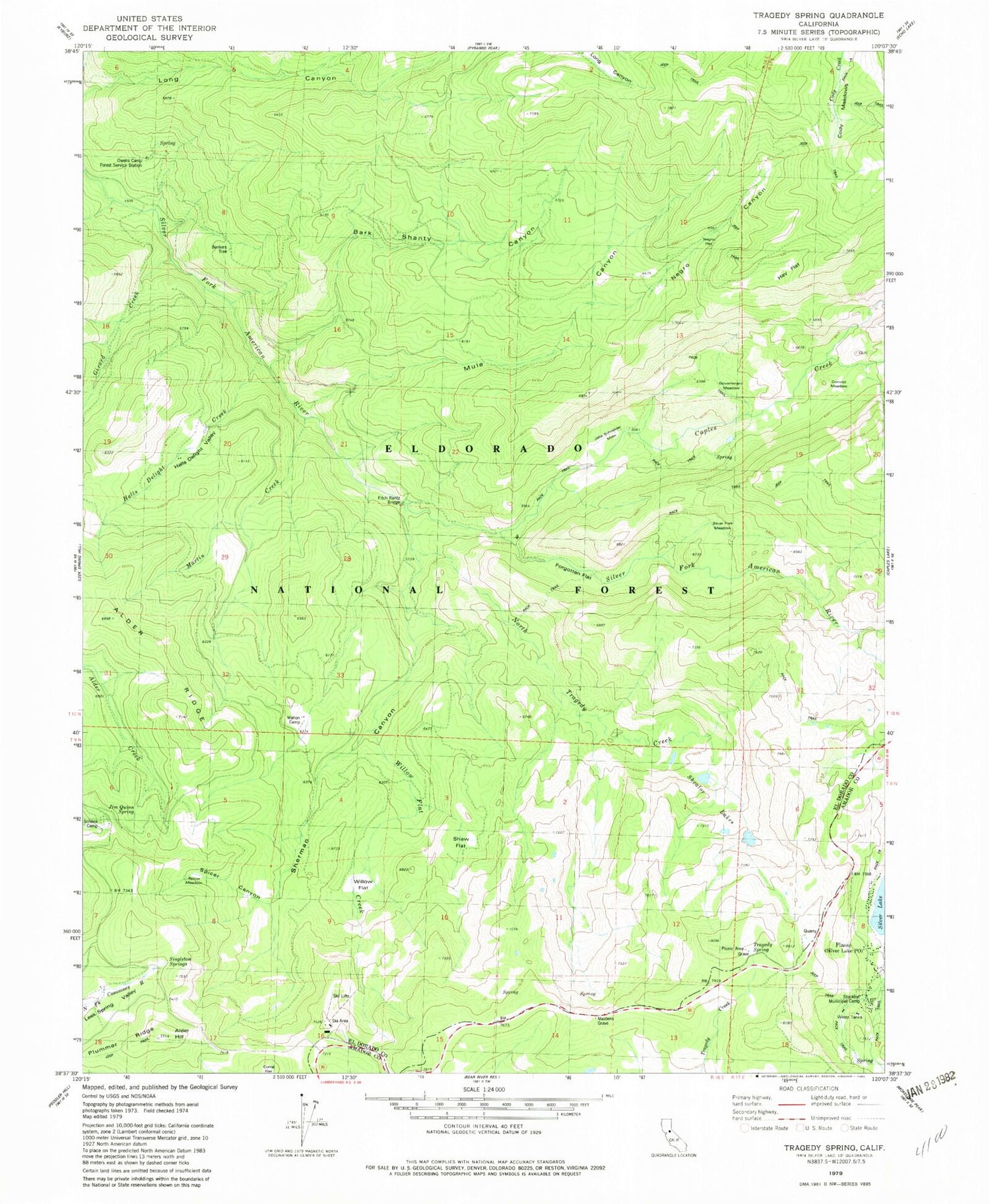 Classic USGS Tragedy Spring California 7.5'x7.5' Topo Map Image