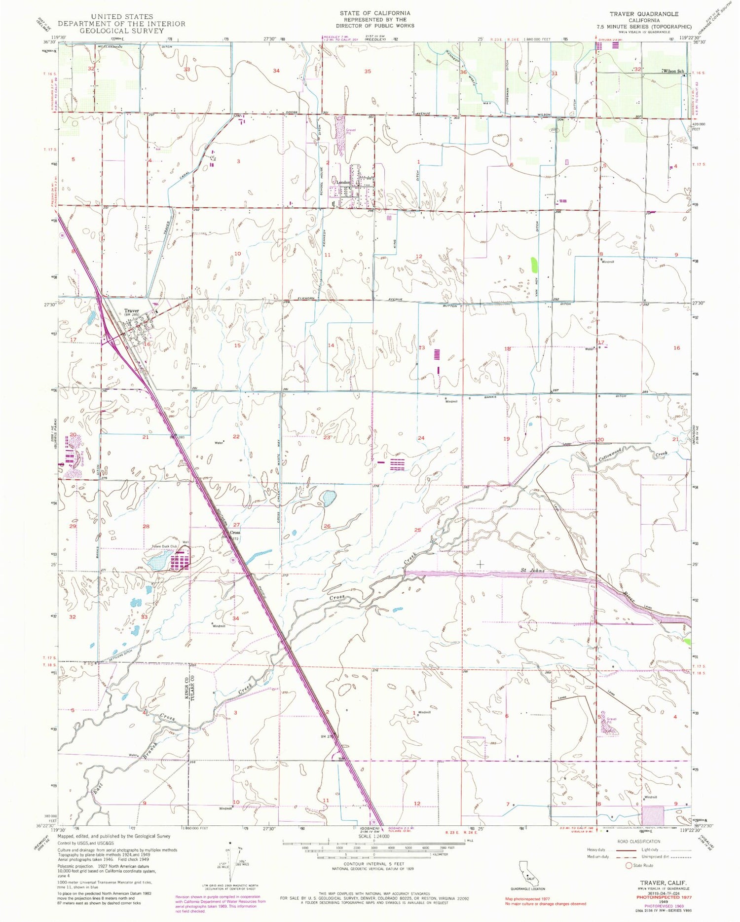 Classic USGS Traver California 7.5'x7.5' Topo Map Image