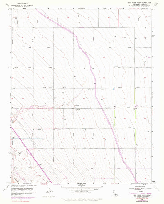 Classic USGS Tres Picos Farms California 7.5'x7.5' Topo Map Image
