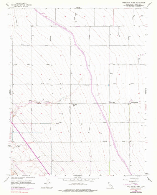 Classic USGS Tres Picos Farms California 7.5'x7.5' Topo Map Image