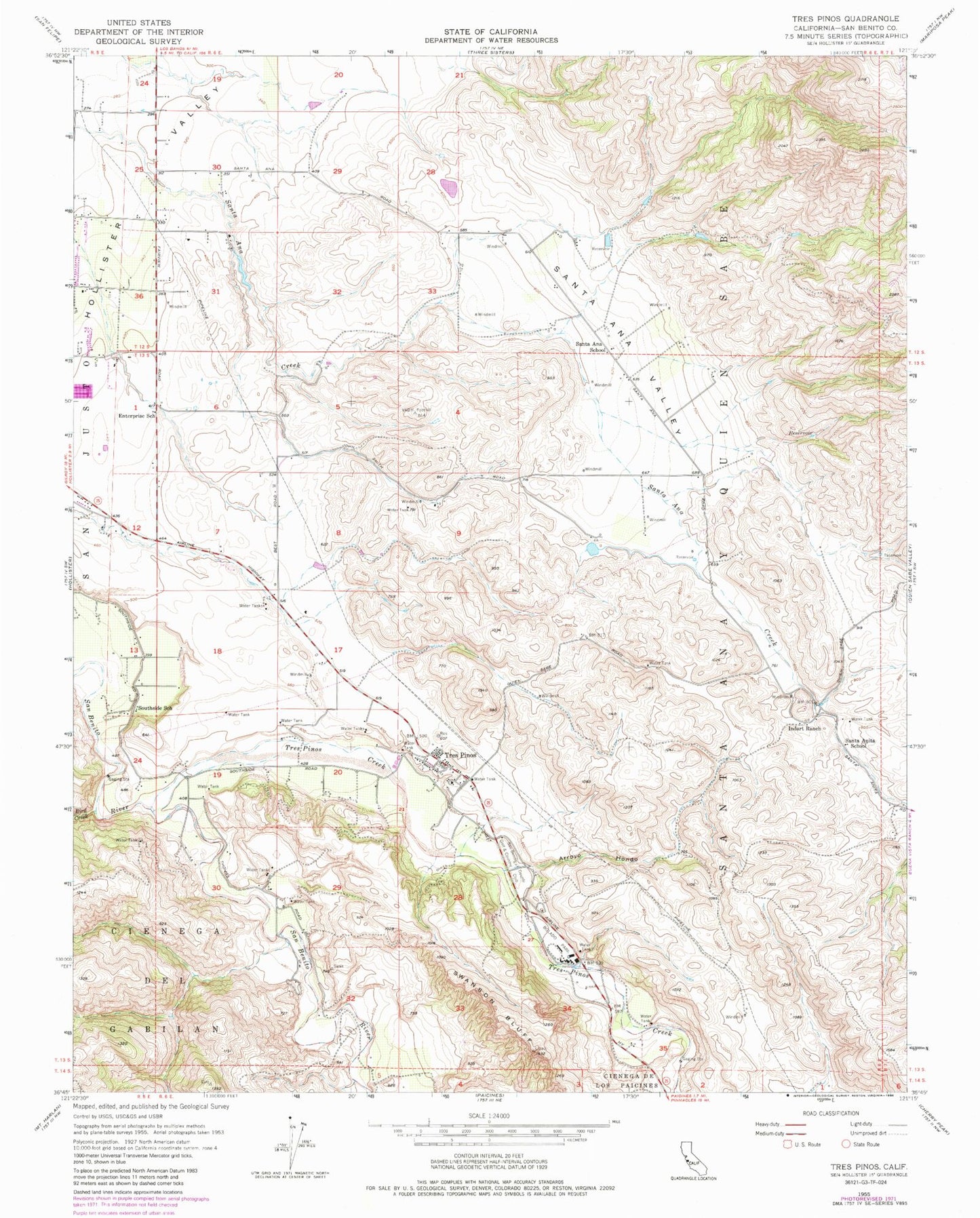 Classic USGS Tres Pinos California 7.5'x7.5' Topo Map Image