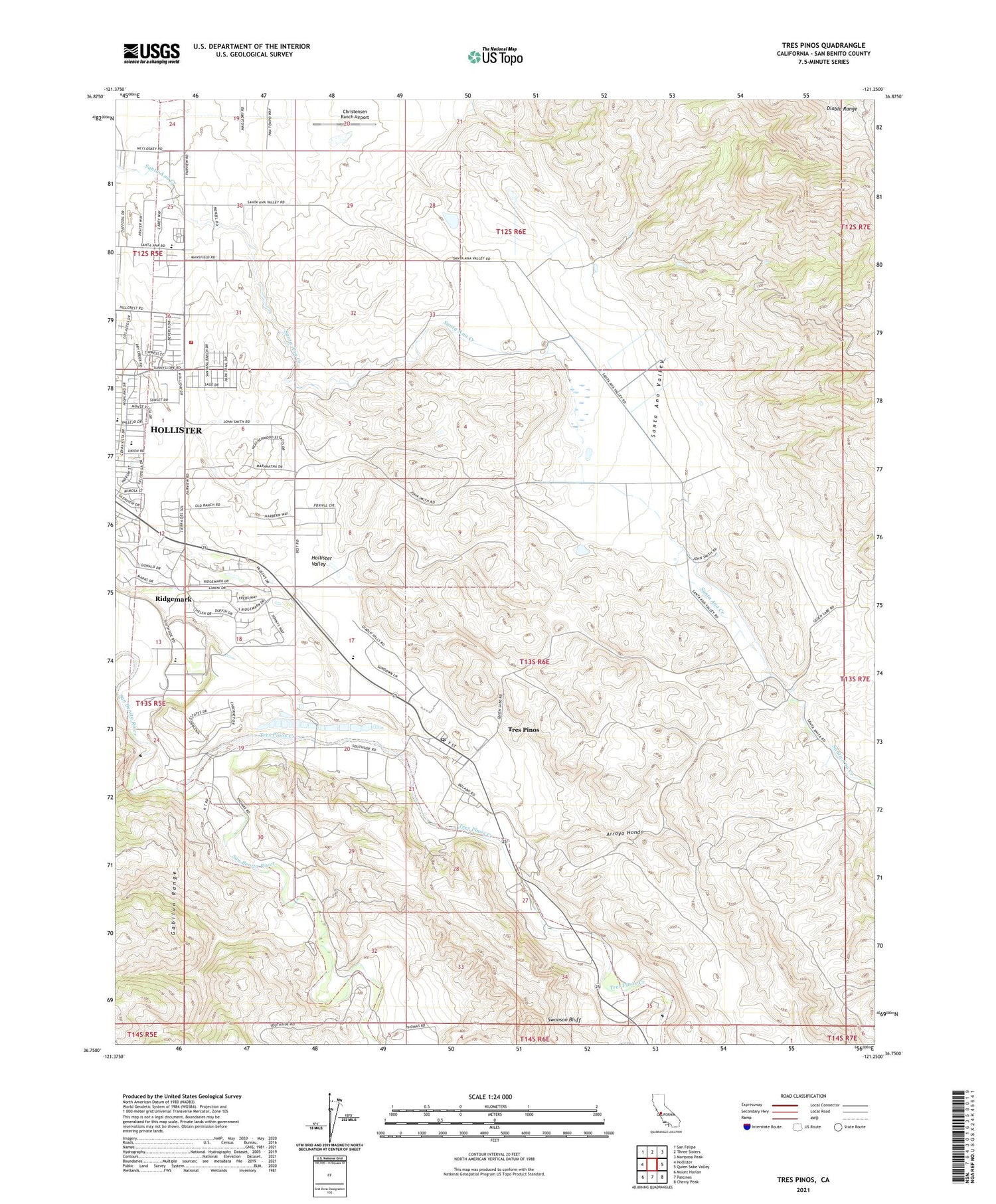 Tres Pinos California US Topo Map Image