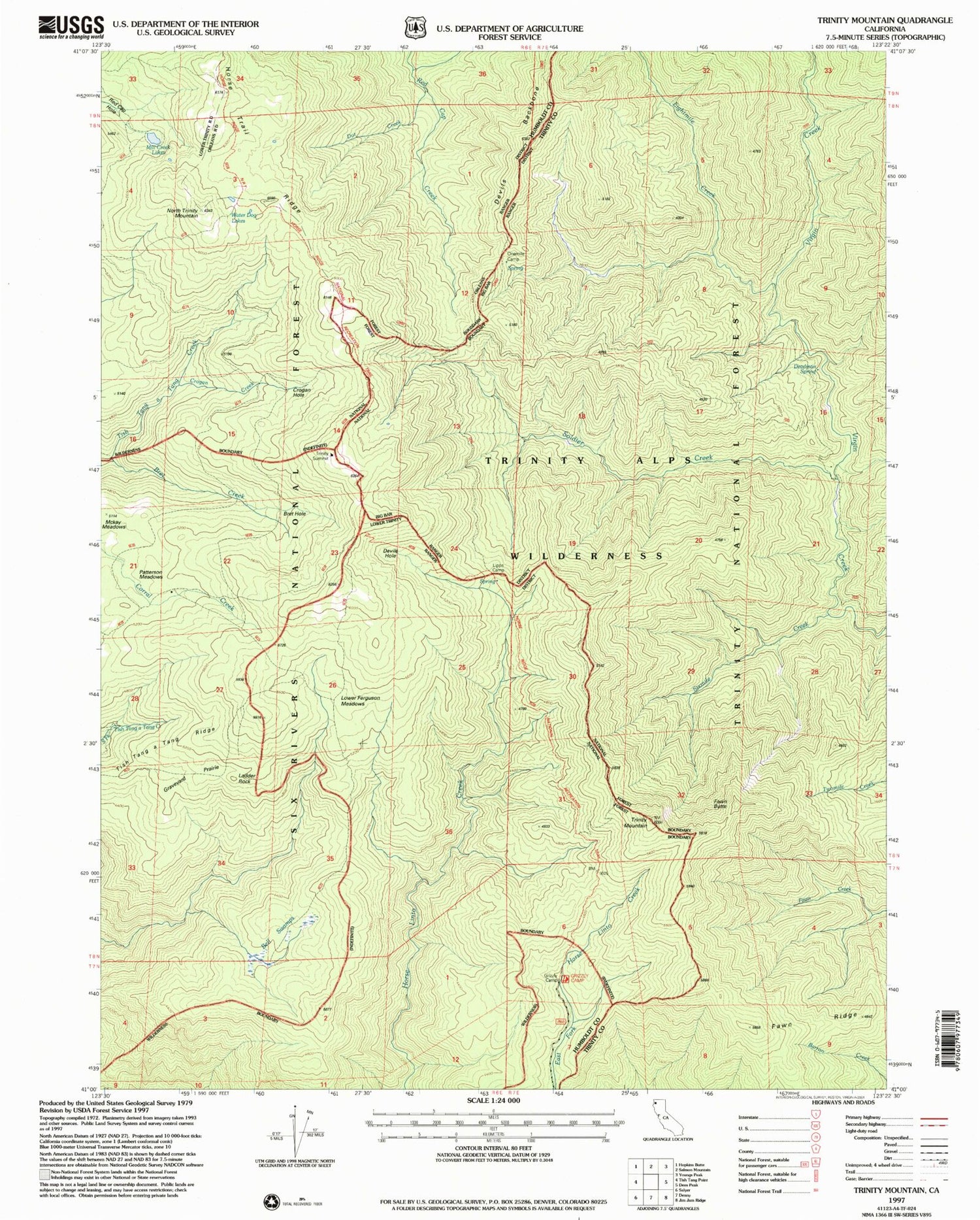 Classic USGS Trinity Mountain California 7.5'x7.5' Topo Map Image