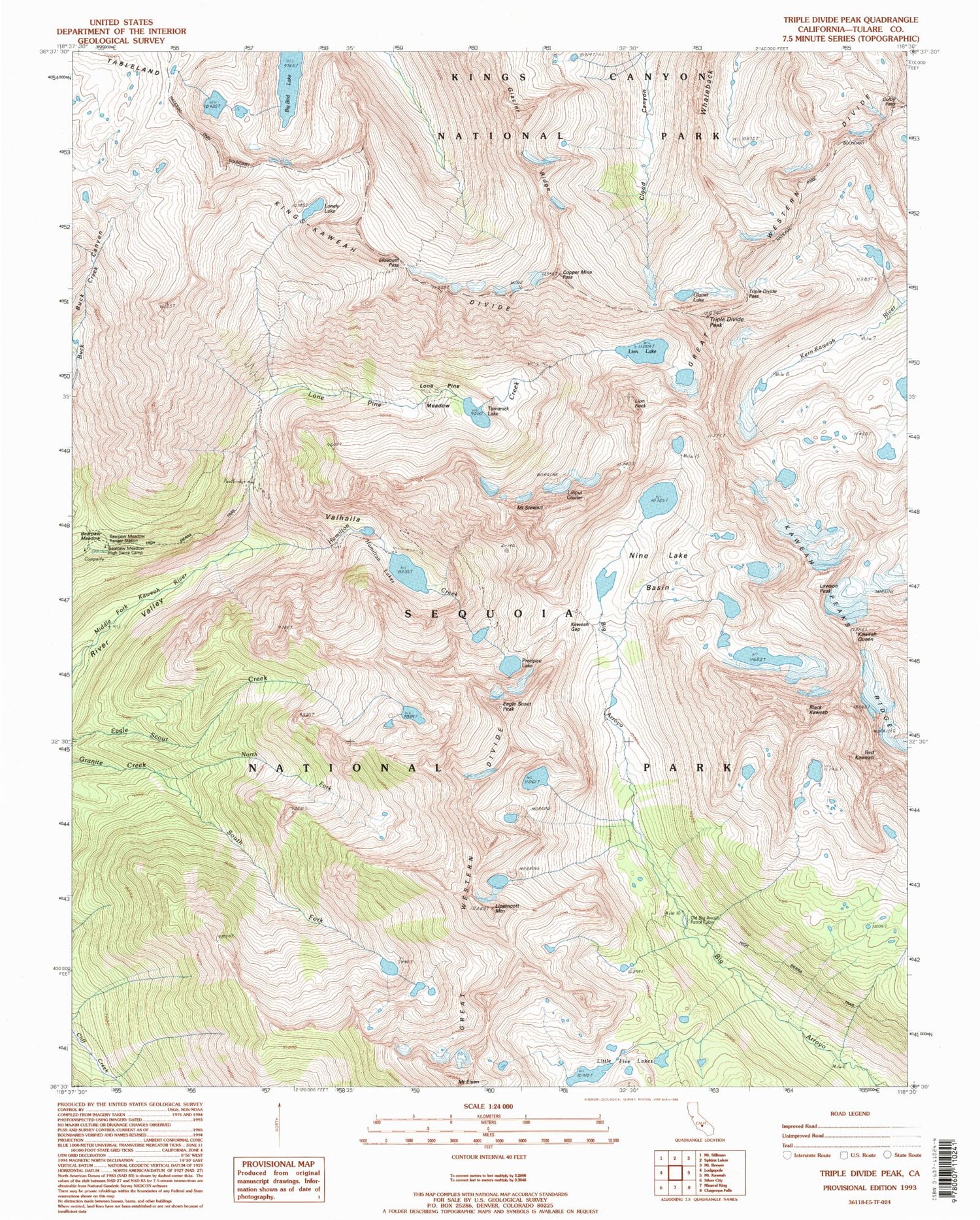 USGS Classic Triple Divide Peak California 7.5'x7.5' Topo Map Image