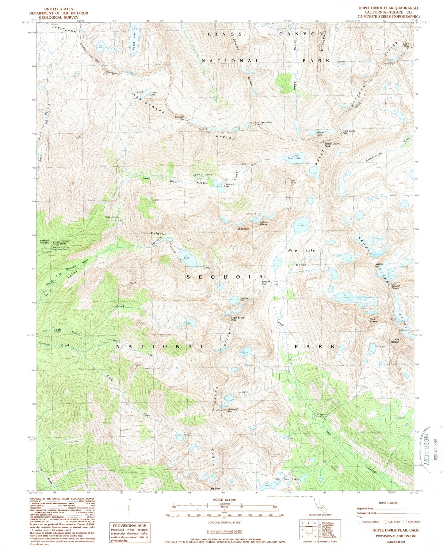 USGS Classic Triple Divide Peak California 7.5'x7.5' Topo Map Image