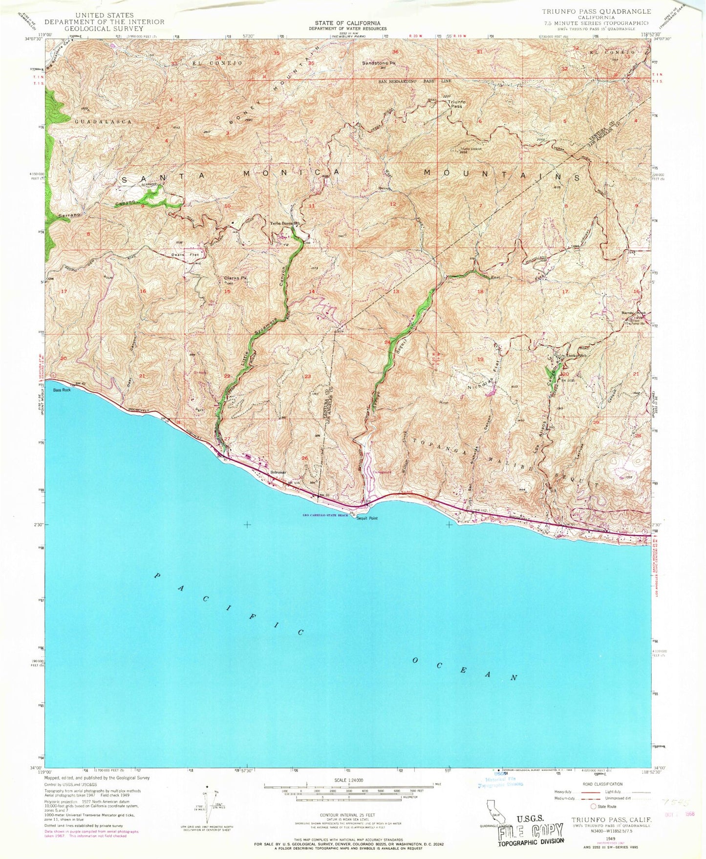 Classic USGS Triunfo Pass California 7.5'x7.5' Topo Map Image