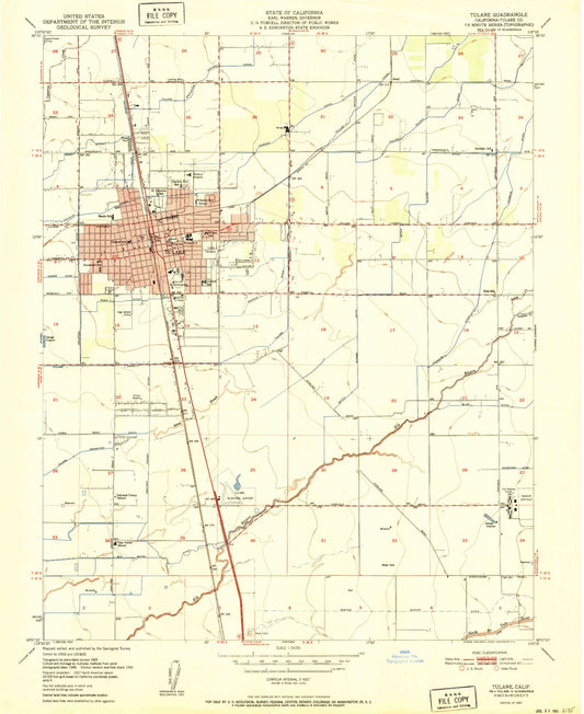 Classic USGS Tulare California 7.5'x7.5' Topo Map Image