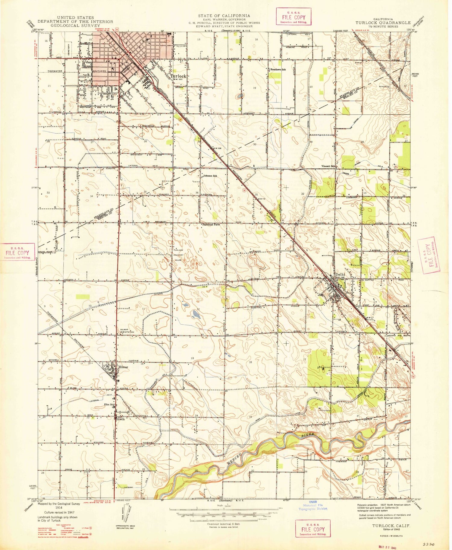 Classic USGS Turlock California 7.5'x7.5' Topo Map Image