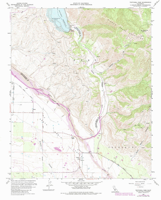 Classic USGS Twitchell Dam California 7.5'x7.5' Topo Map Image