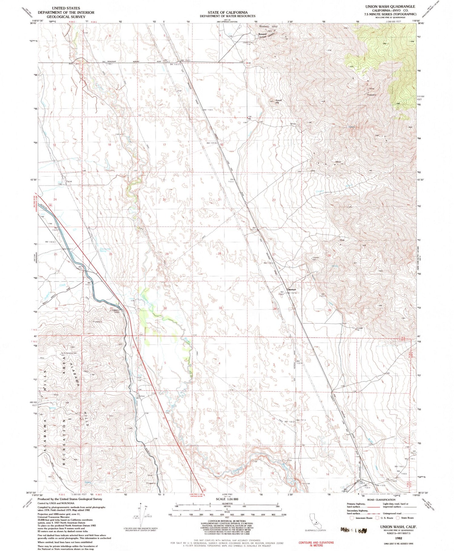 Classic USGS Union Wash California 7.5'x7.5' Topo Map Image