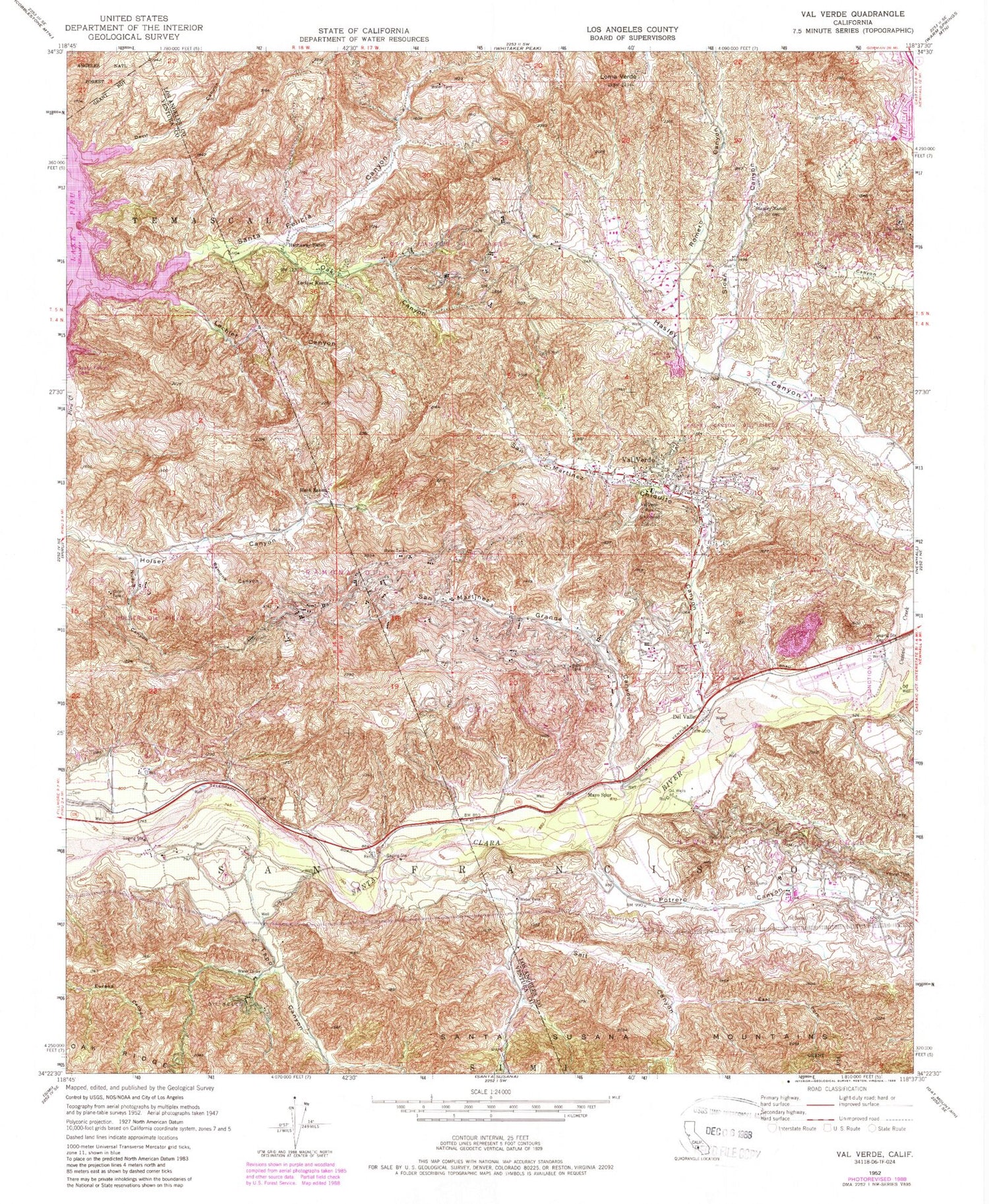 Classic USGS Val Verde California 7.5'x7.5' Topo Map Image