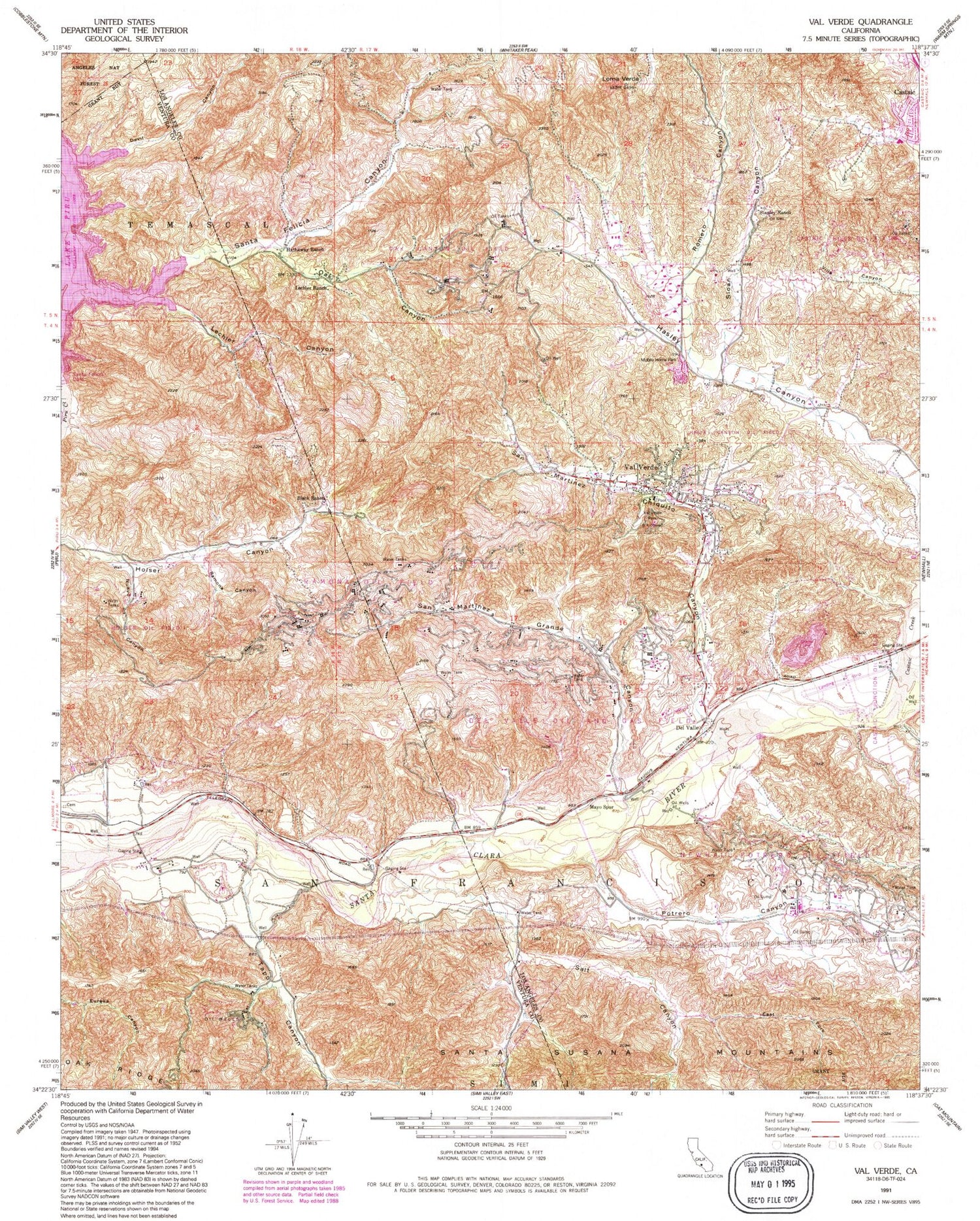 Classic USGS Val Verde California 7.5'x7.5' Topo Map Image