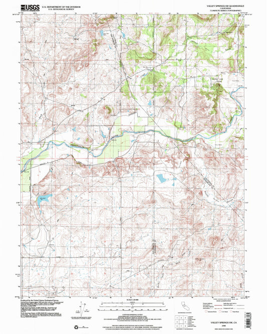 Classic USGS Valley Springs SW California 7.5'x7.5' Topo Map Image