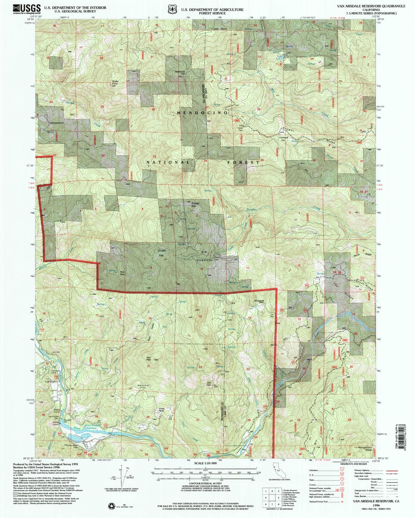Classic USGS Van Arsdale Reservoir California 7.5'x7.5' Topo Map Image