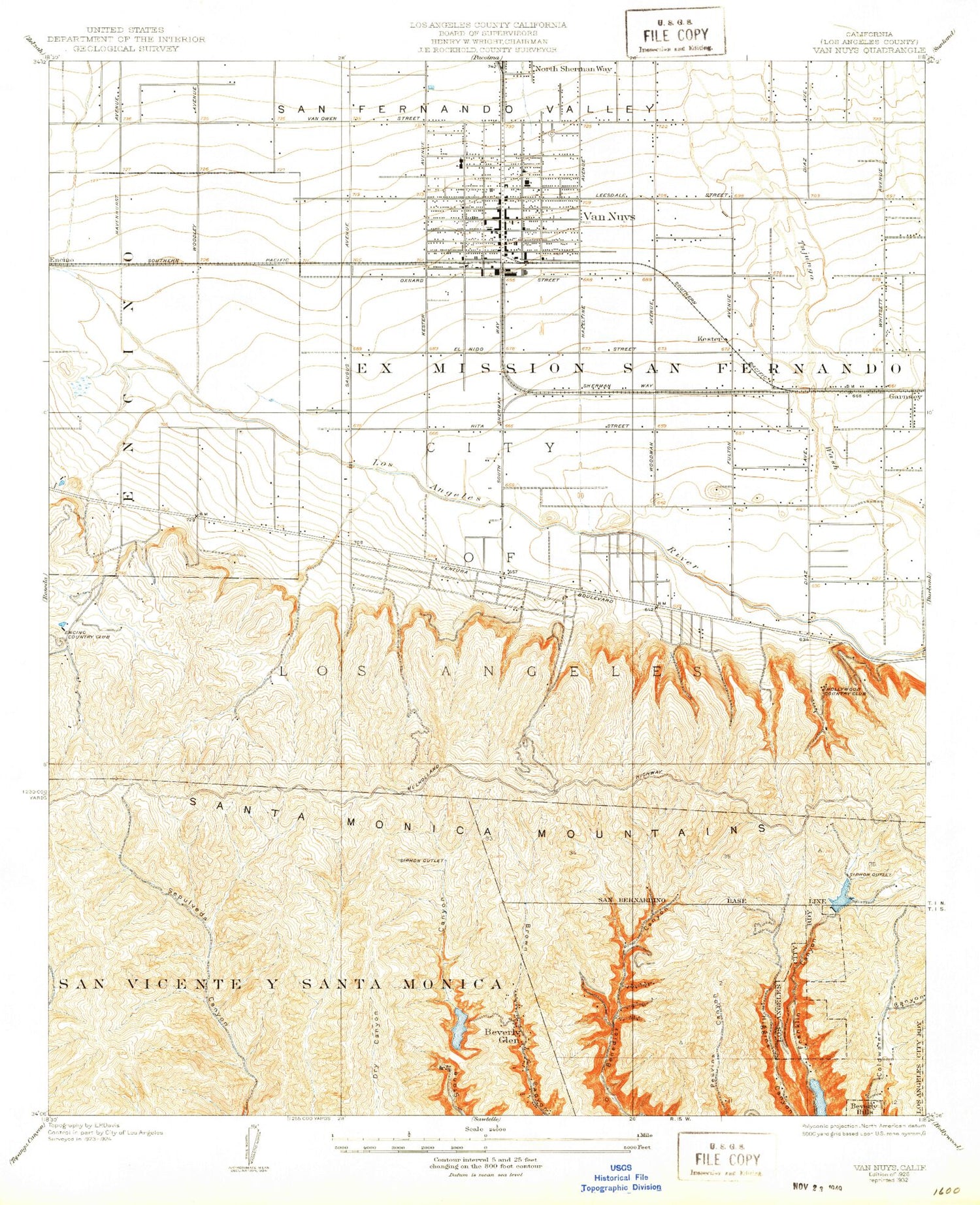 Classic USGS Van Nuys California 7.5'x7.5' Topo Map Image