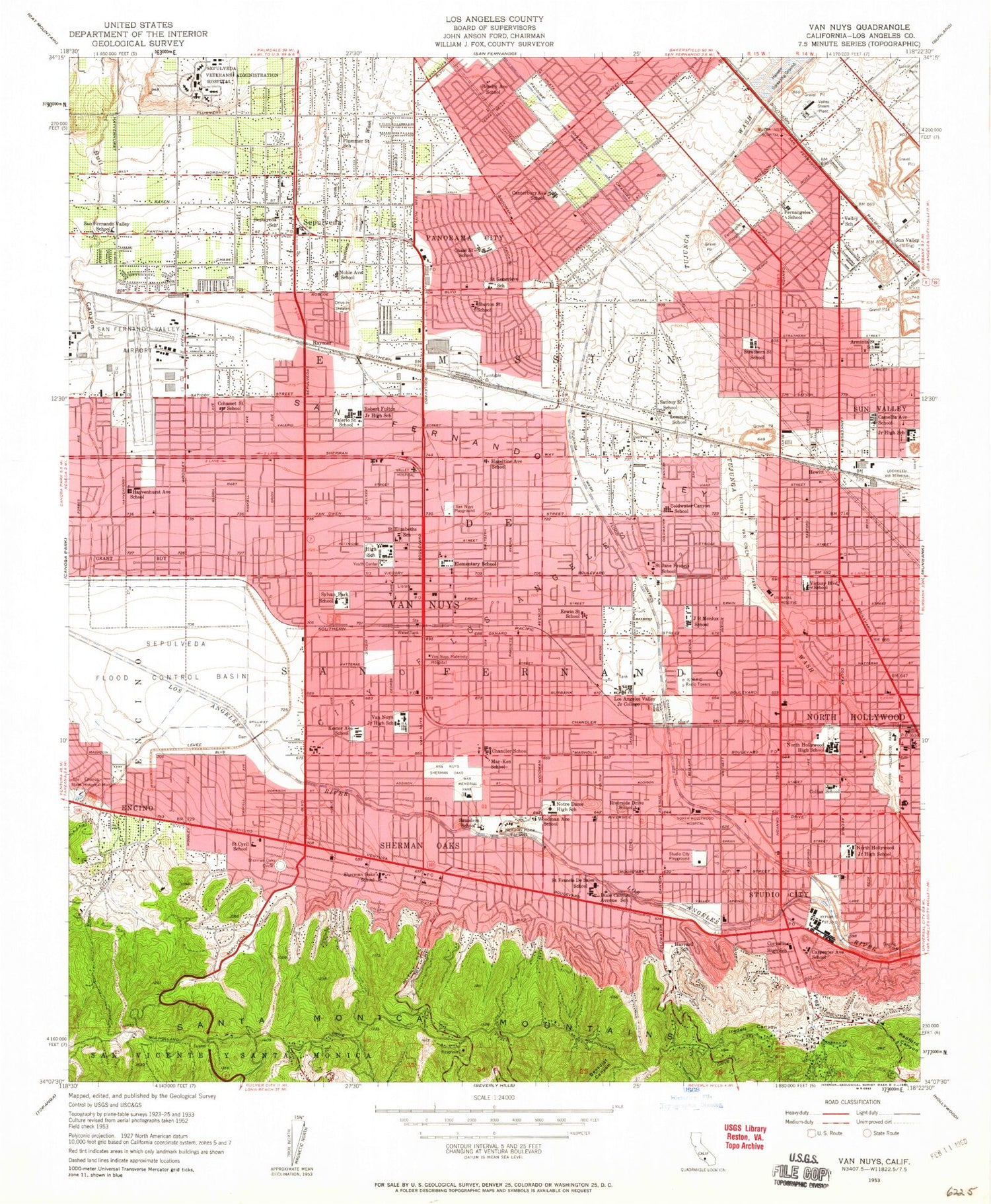 Classic USGS Van Nuys California 7.5'x7.5' Topo Map Image