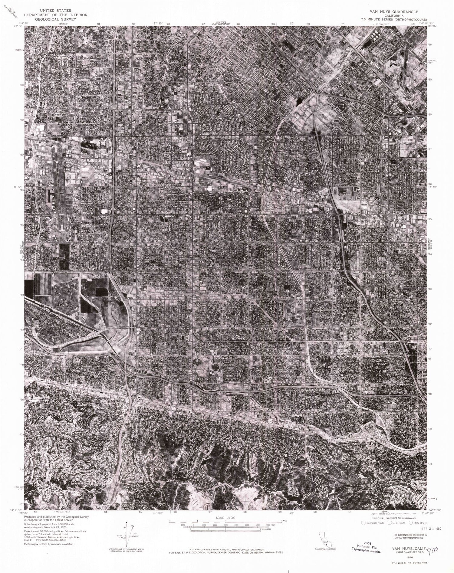 Classic USGS Van Nuys California 7.5'x7.5' Topo Map Image