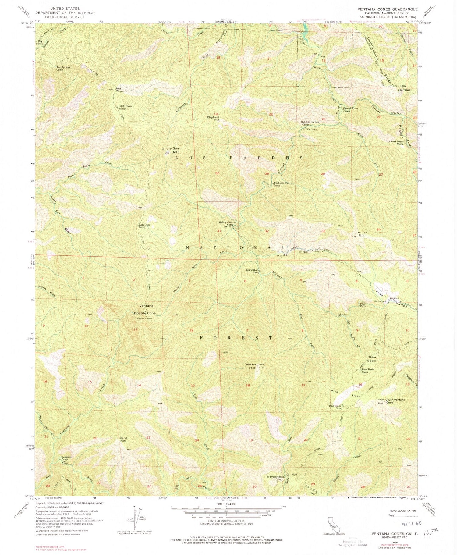 Classic USGS Ventana Cones California 7.5'x7.5' Topo Map Image