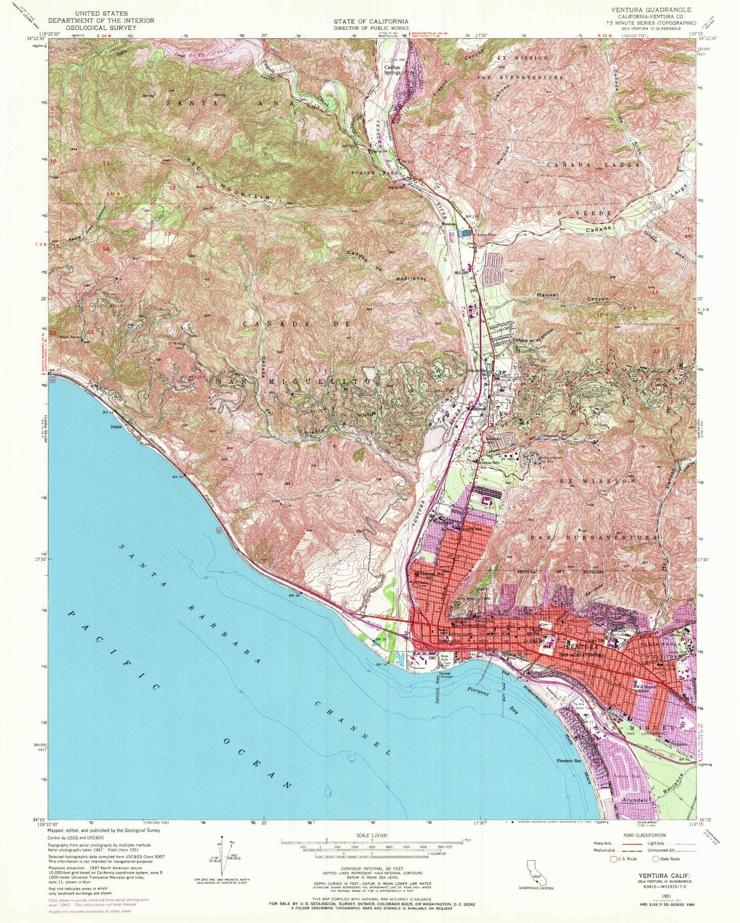 Classic USGS Ventura California 7.5'x7.5' Topo Map Image